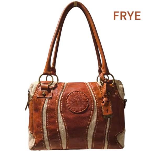 Frye Handbags - Rare FRYE Cognac Brown Leather and Canvas Satchel with Dust bag